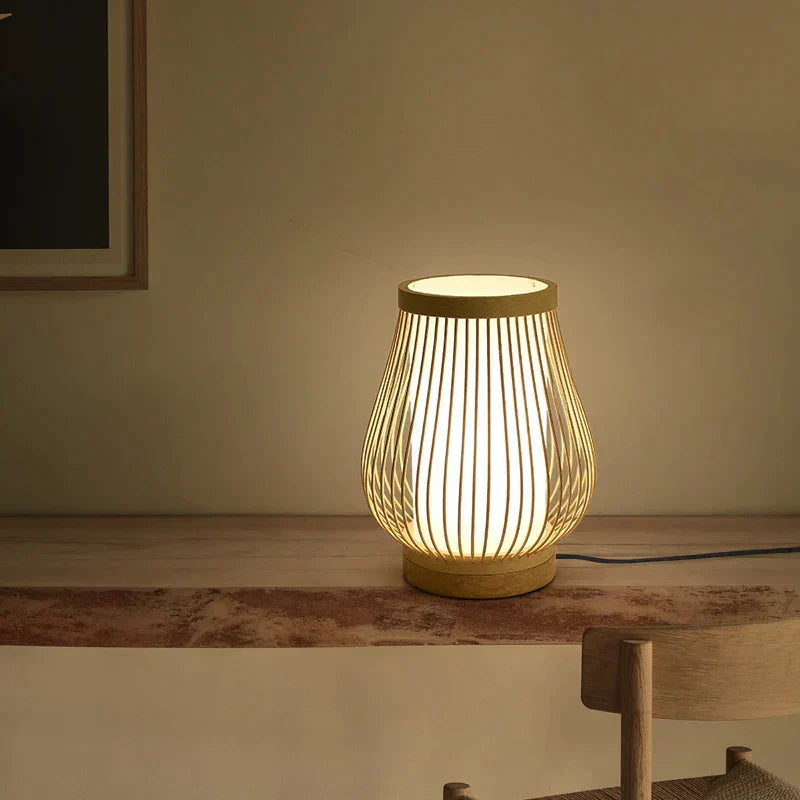 Handcrafted Japanese wood & rice paper lamp. Asian style table lamp for serene home decor and ambient light.