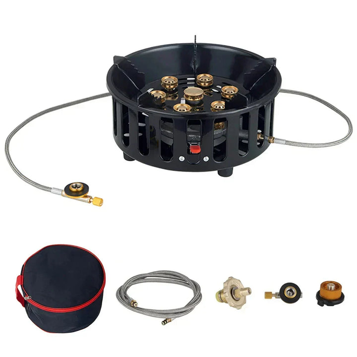 Close-up of Kael 7-core camping gas stove flame with electronic ignition mechanism