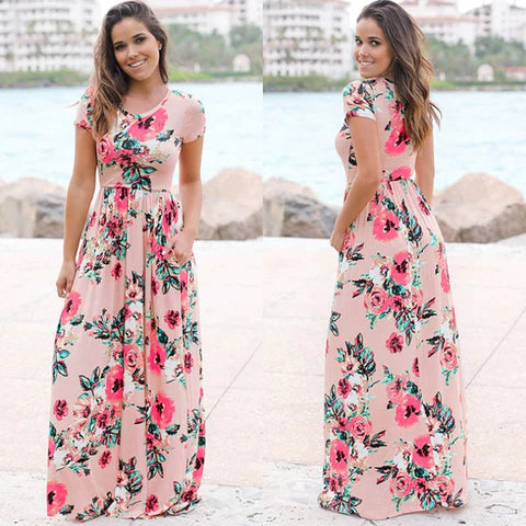 Woman wearing a Kendra versatile summer dress, showcasing its flattering midi length and casual elegance.
