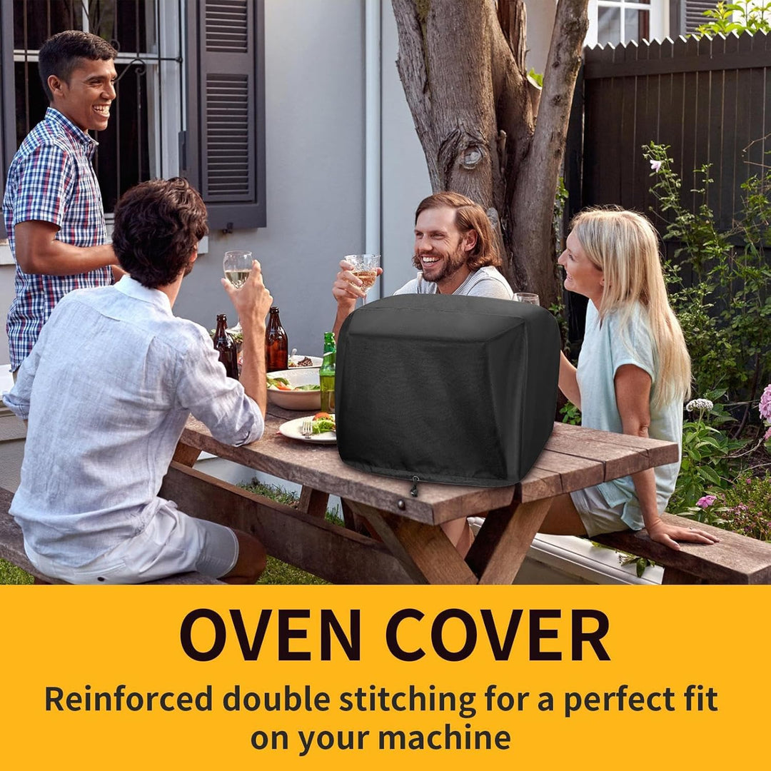 Adjustable Kervano grill cover providing weather resistant protection for an outdoor gas barbecue.