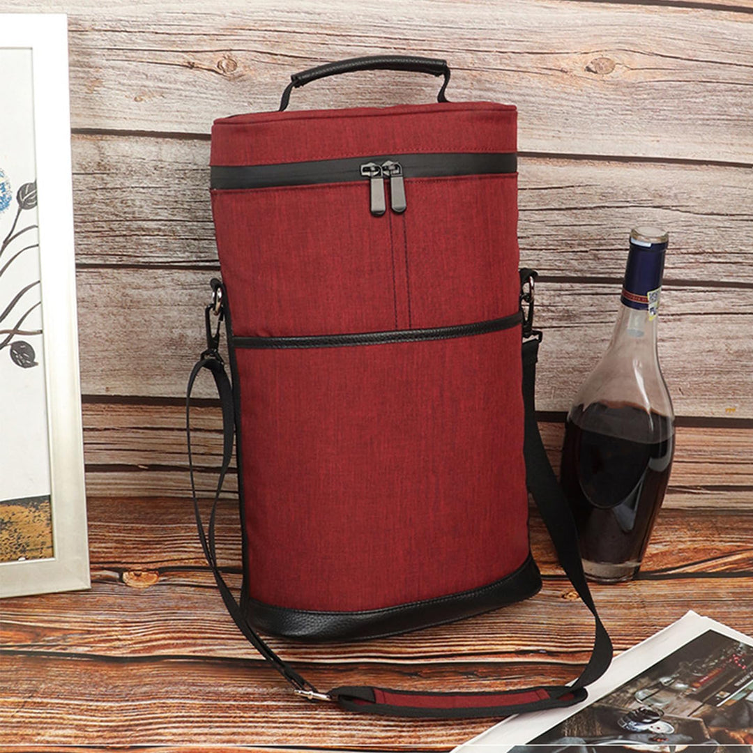 Khaki canvas insulated 2-bottle wine cooler tote bag with two handles, perfect for picnics and travel.