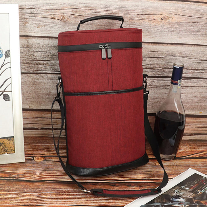 Khaki canvas insulated 2-bottle wine cooler tote bag with two handles, perfect for picnics and travel.