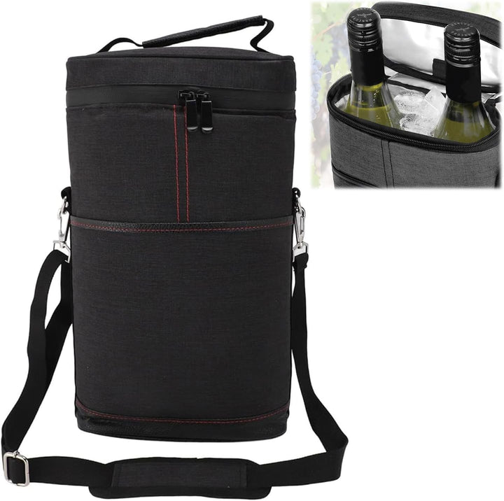 Insulated wine travel bag, holds two bottles securely, fashionable canvas design for any occasion.
