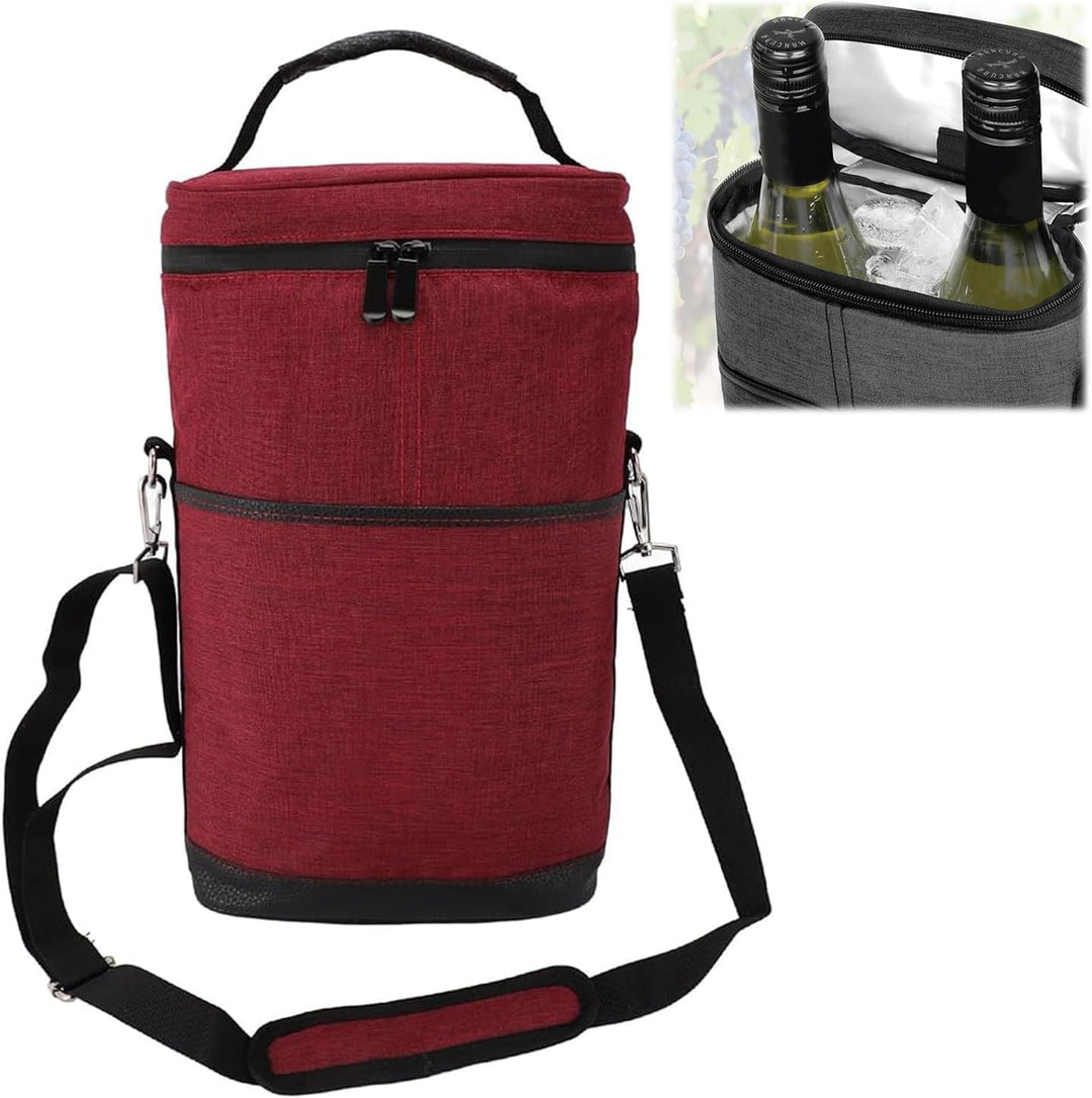 Picnic-ready insulated wine bag, two bottle capacity, versatile for travel and outdoor events.