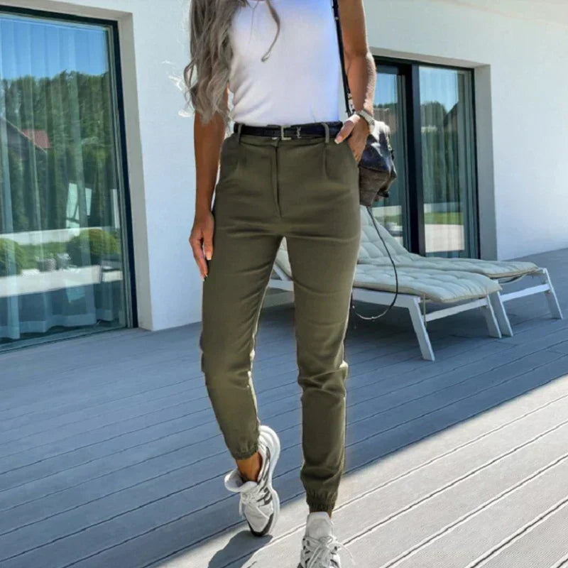 Women's comfortable olive green chino trousers, great for relaxed yet stylish looks.