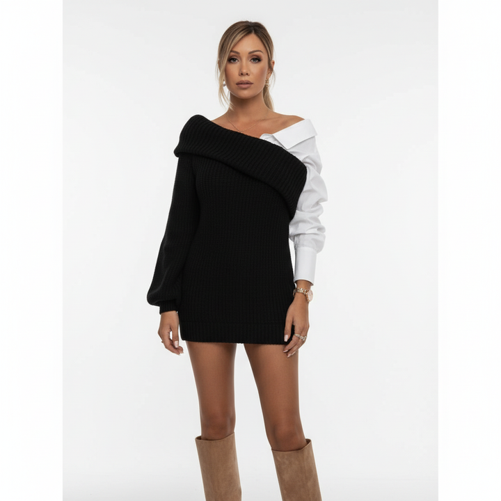 Elegant women's knitted v-neck dress with shirt accent, versatile for autumn and winter.