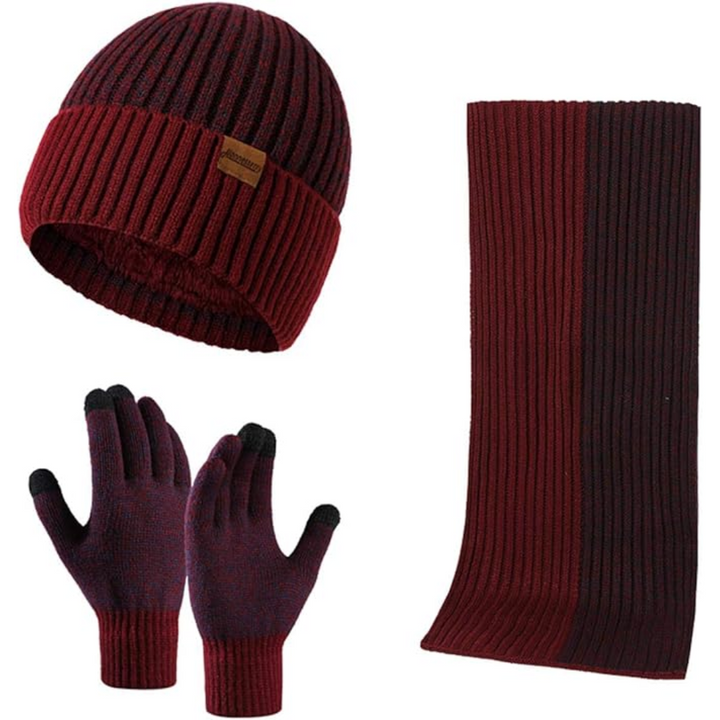 Khaki men's knitted winter beanie, matching scarf, and touchscreen gloves set for cold weather