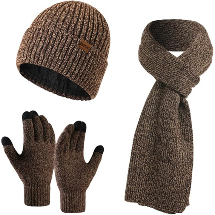 Men's outdoor winter set: warm beanie, soft scarf, and touchscreen gloves for active use