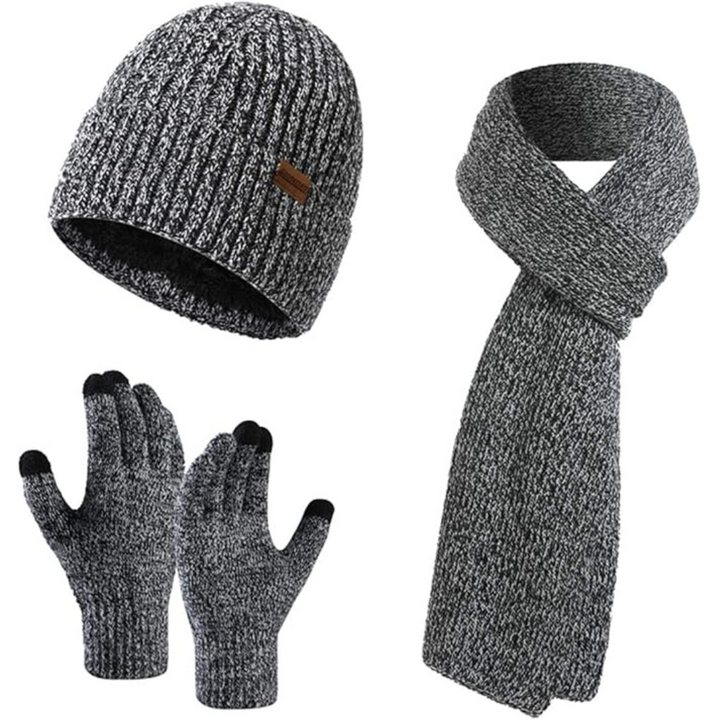 High-quality men's knitted winter beanie, matching scarf, and touchscreen gloves in khaki