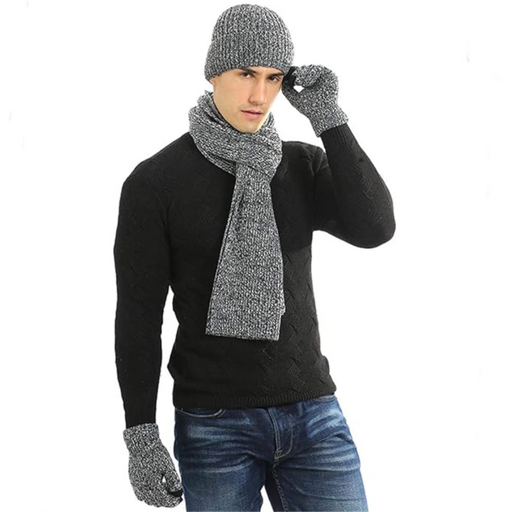 Gift set for men: warm knitted winter beanie, long scarf, and convenient touchscreen gloves