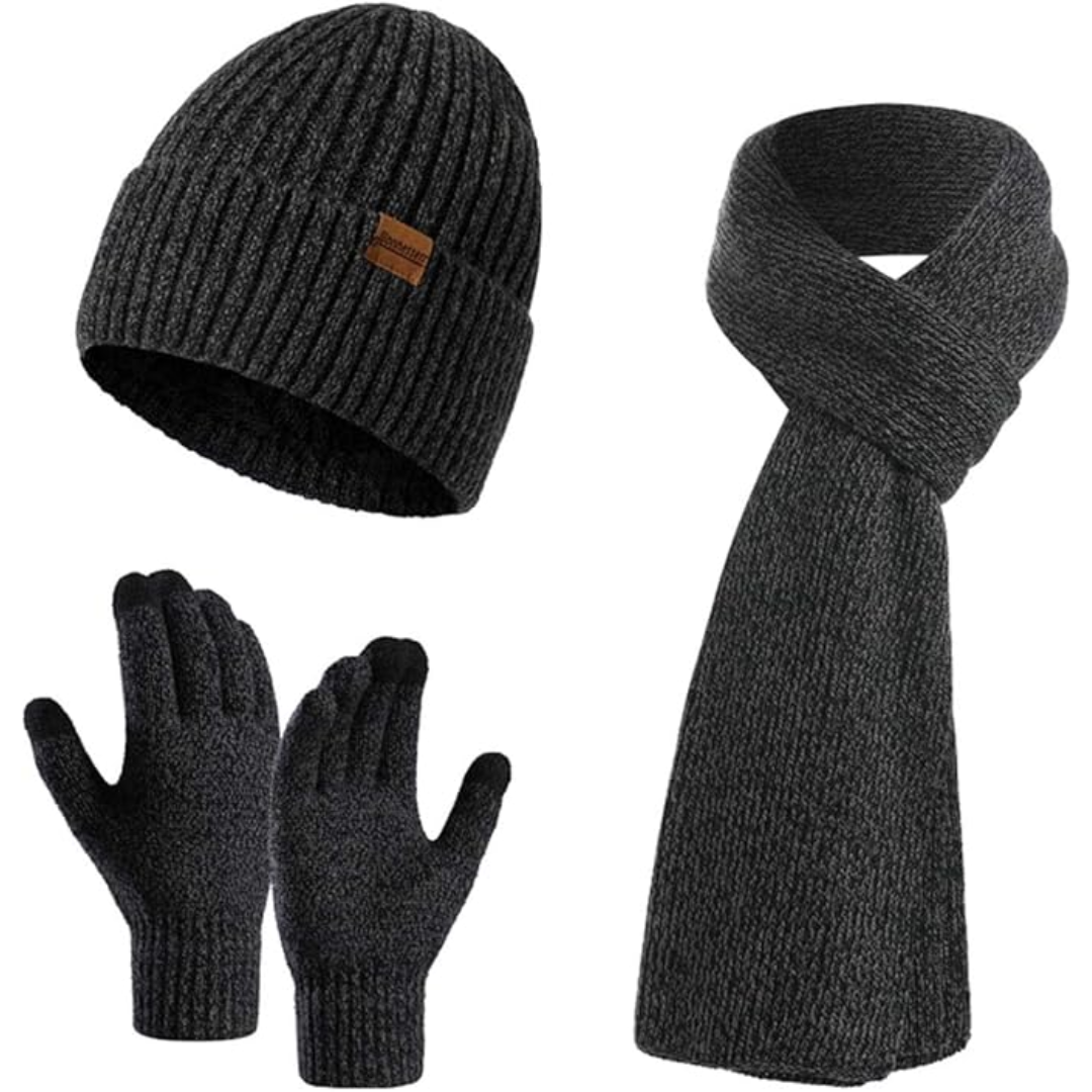 Durable men's knitted winter beanie, comfortable scarf, and touchscreen gloves for everyday outings