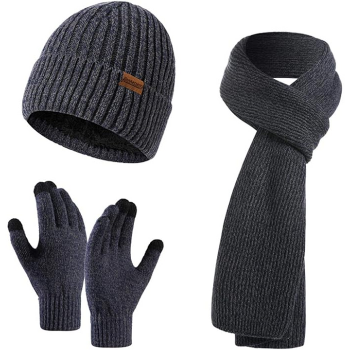 Sporty men's black knitted winter beanie, scarf, and touchscreen gloves, ideal for cold snaps