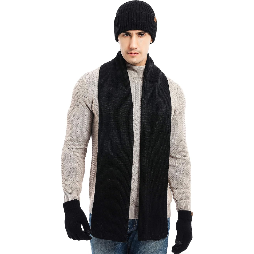 Men's elegant knitted winter beanie, matching long scarf, and touchscreen gloves in deep brown