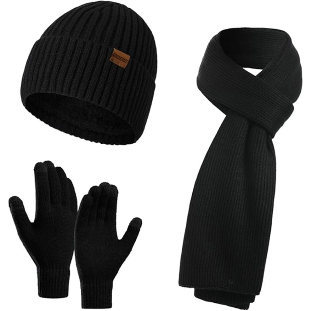 Modern men's winter beanie, soft knitted scarf, and convenient touchscreen gloves set - Victor