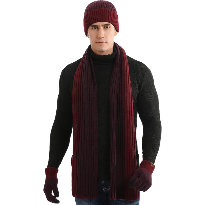 Stylish men's black knitted winter beanie, scarf, and touchscreen gloves, perfect gift set