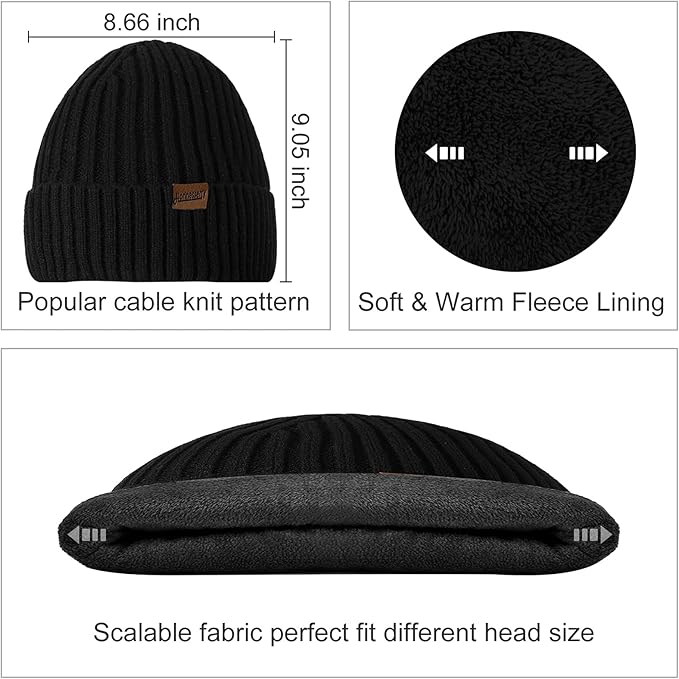 Men's knitted winter beanie, matching scarf, and touchscreen gloves, perfect for chilly mornings
