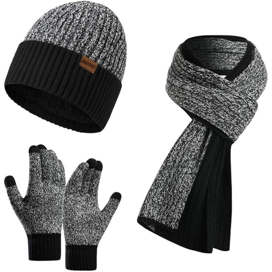 Men's knitted winter beanie, comfortable scarf, and touchscreen gloves, ideal gift for cold weather