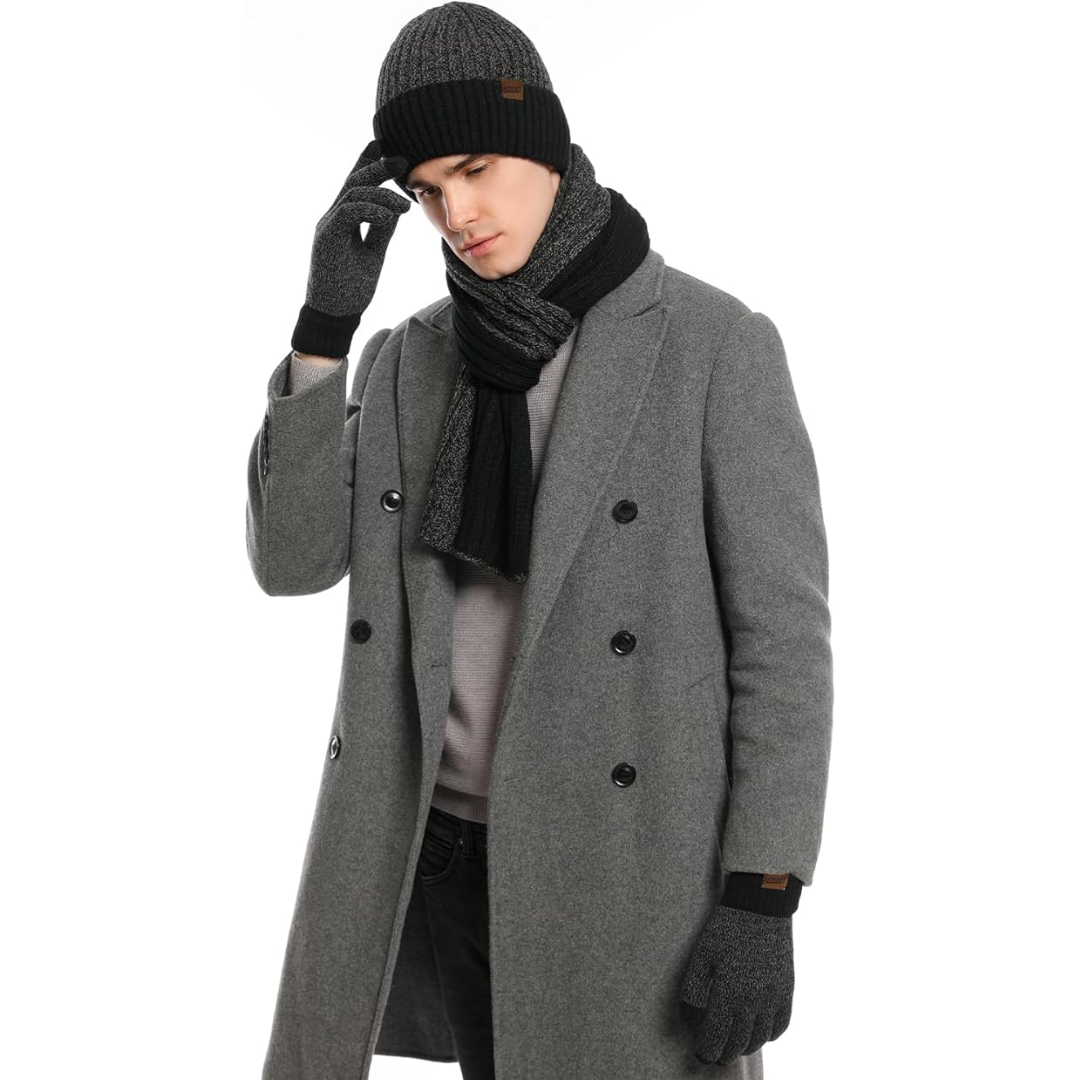 Grey men's winter knitted set: beanie, long scarf, and touchscreen gloves for cold protection