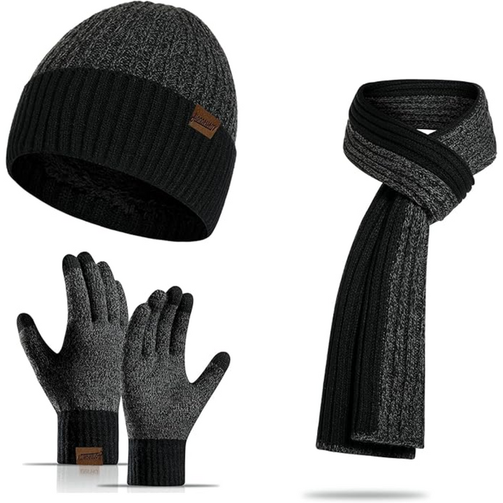 Navy blue men's winter beanie, comfortable knitted scarf, and touchscreen gloves for daily wear
