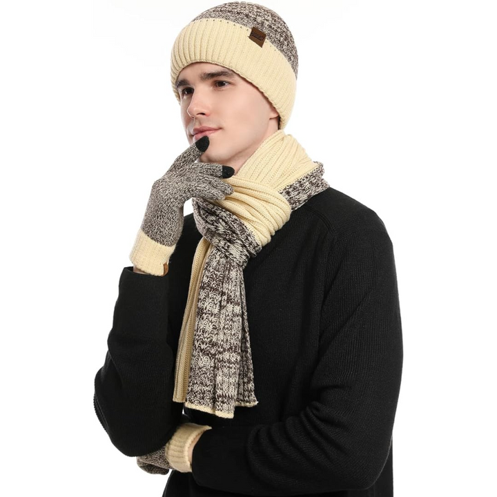 Classic men's charcoal knitted winter beanie, matching scarf, and touchscreen gloves set