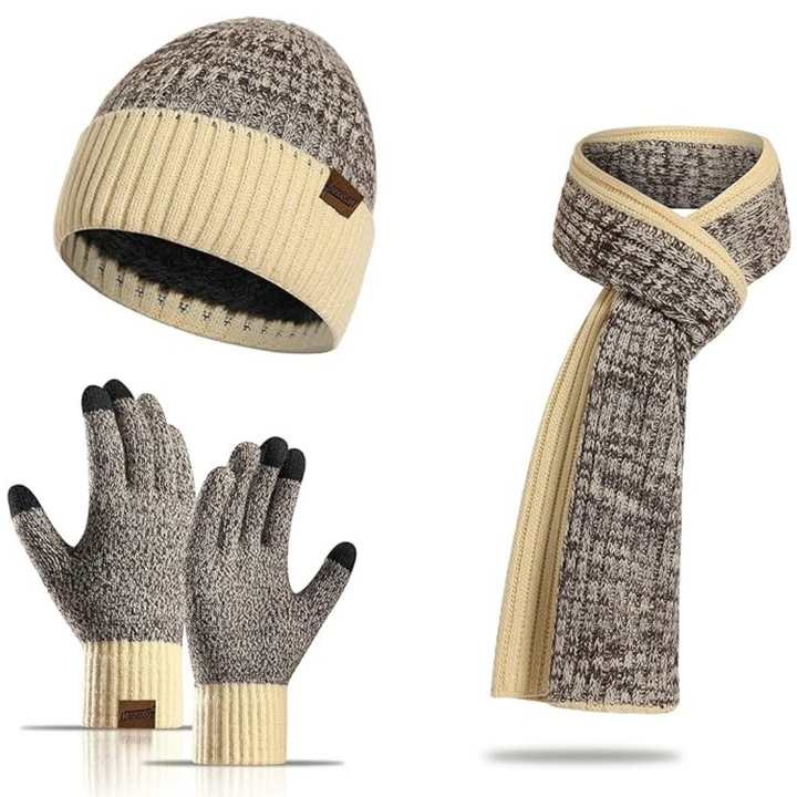 Soft men's brown knitted winter beanie, warm scarf, and smartphone-compatible gloves set