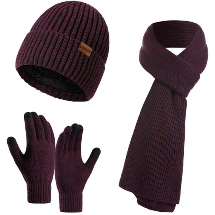 Fashionable men's winter accessory set with beanie, scarf, and touchscreen gloves in dark grey