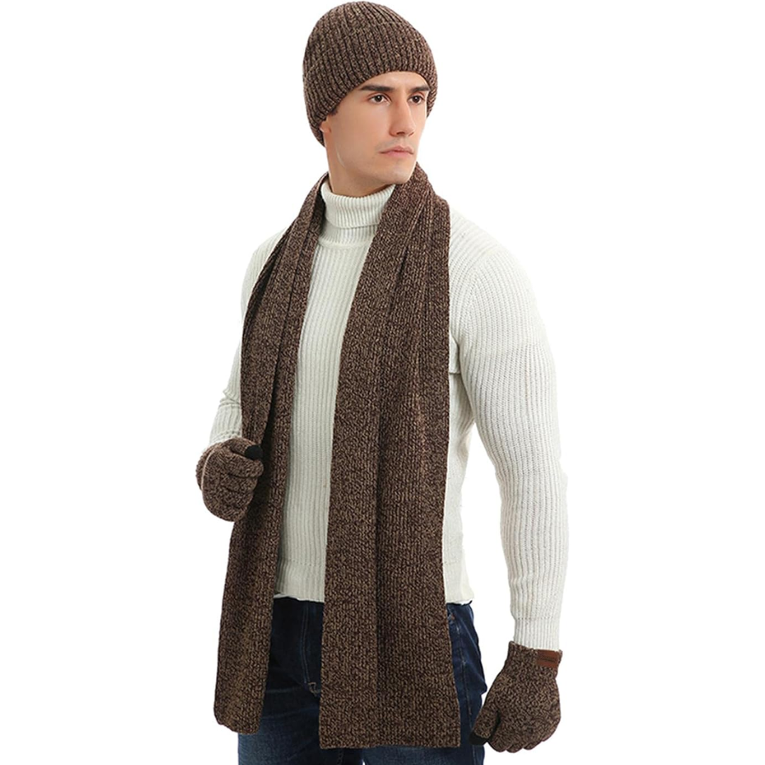 Casual men's knitted winter beanie, scarf, and touchscreen gloves set in versatile black