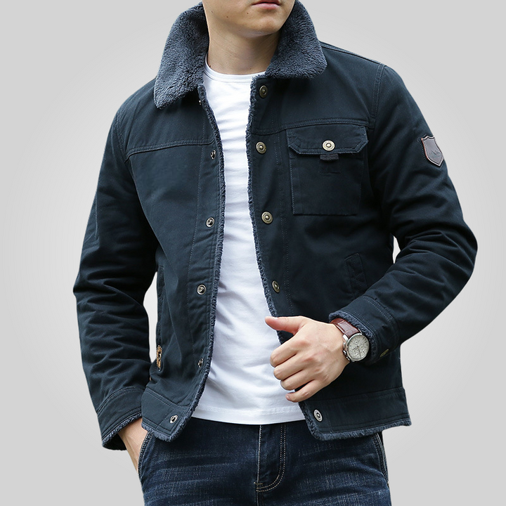 Green men's warm winter jacket, durable outerwear for cold weather. Essential everyday coat for outdoor activities.