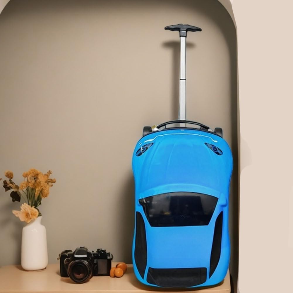 Blue 18-inch car-shaped kids luggage, pull along hardshell for holiday adventures