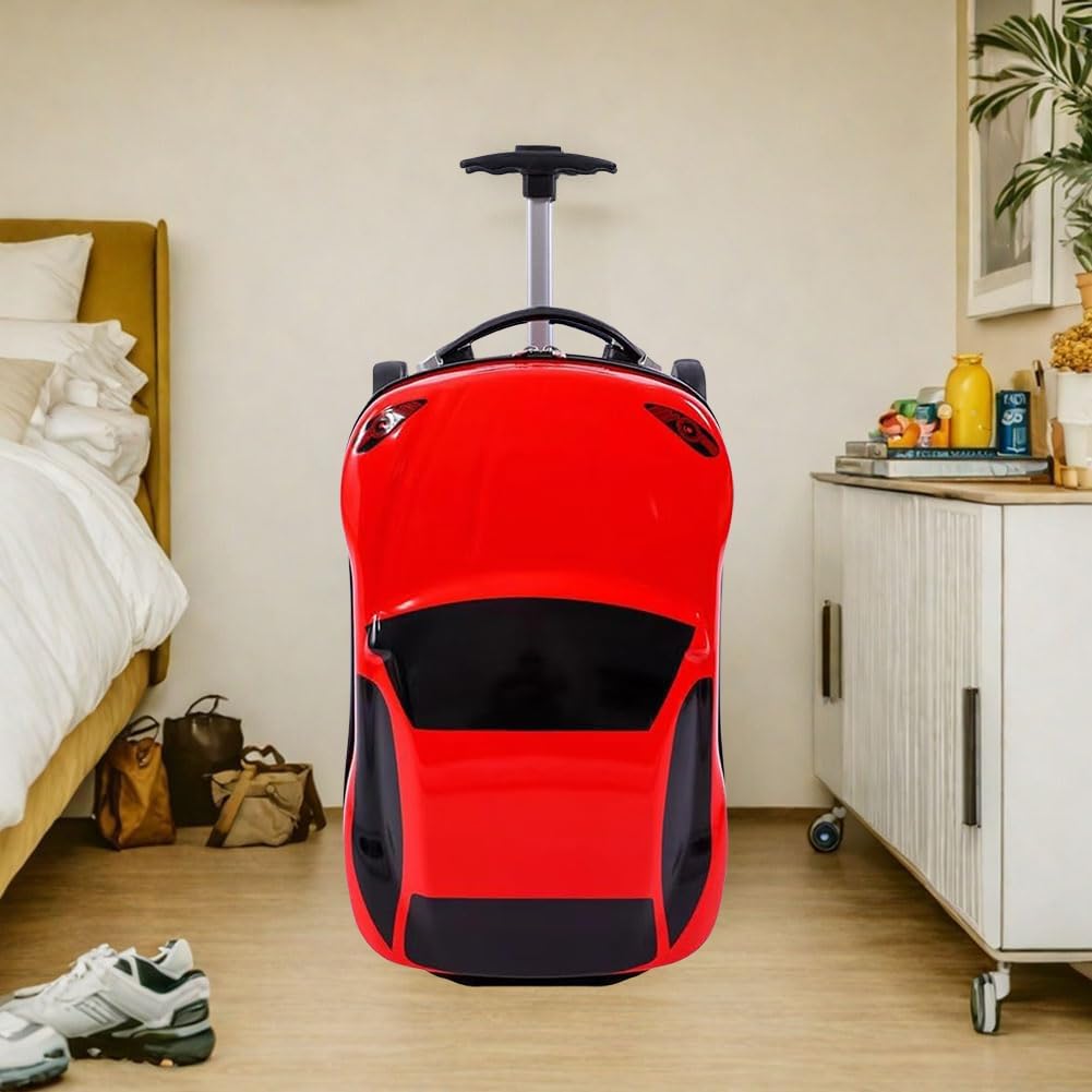 Fun kids' 18-inch pull-along car suitcase. Durable wheeled luggage for junior travelers.