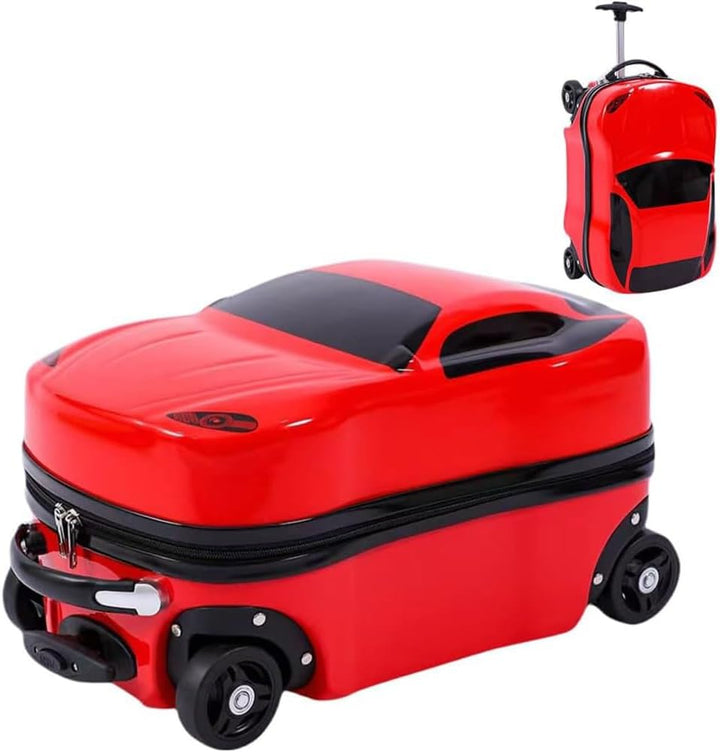 Red 18-inch car suitcase, perfect kids' rolling luggage with retractable handle for travel.