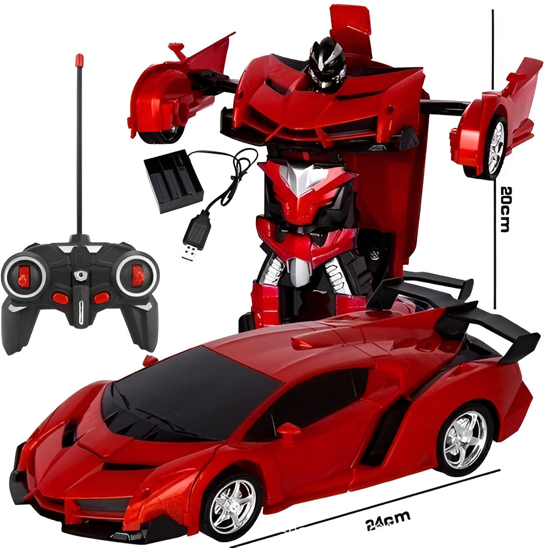 Red remote control transforming robot car, an exciting RC vehicle for kids that converts for action play.