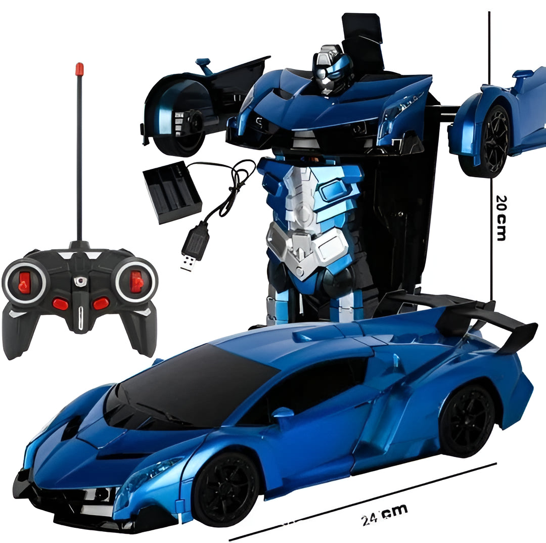 Blue transforming robot action figure for kids, a remote control car that converts from vehicle mode.