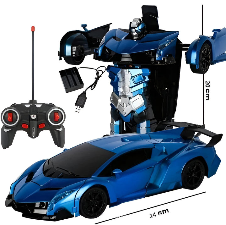 Blue transforming robot action figure for kids, a remote control car that converts from vehicle mode.