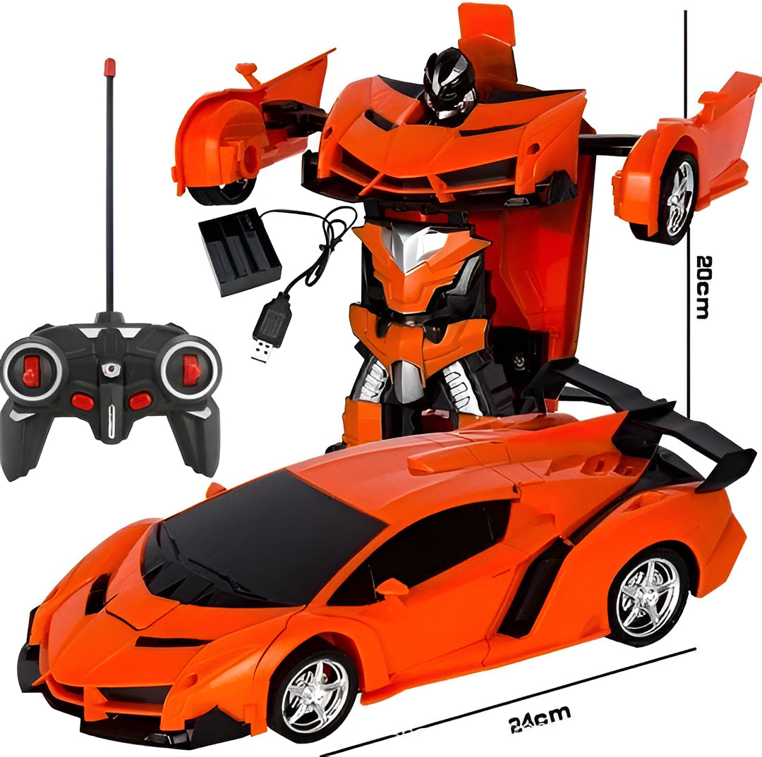 Interactive kids' RC transformer toy: a remote control car that converts to a robot for imaginative play.