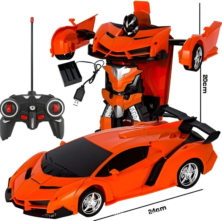 Interactive kids' RC transformer toy: a remote control car that converts to a robot for imaginative play.
