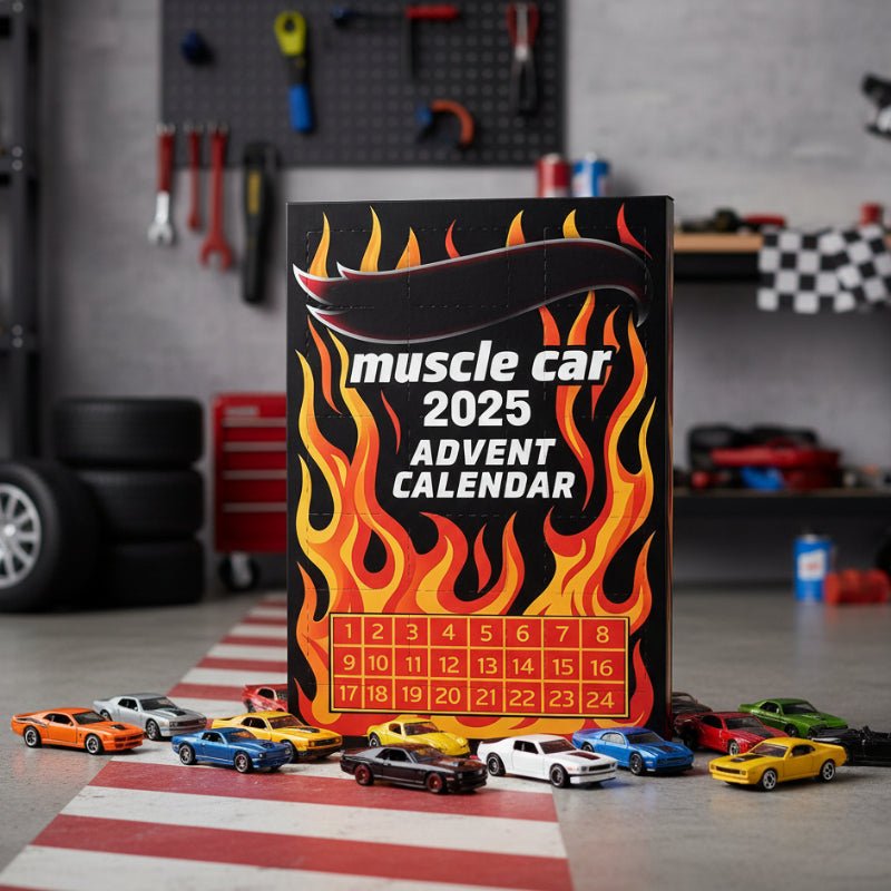 Kids' 2D Vehicle Advent Calendar showing 24 mini cars. Perfect Christmas gift for children's holiday countdown.