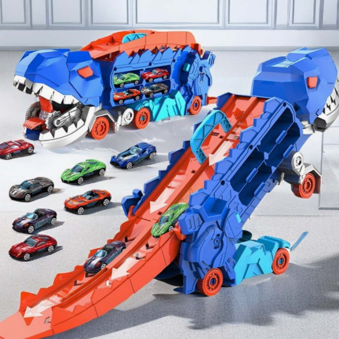 Vibrant kids' 3-in-1 dinosaur race truck playset. Transforms into a dino transporter & car launcher.