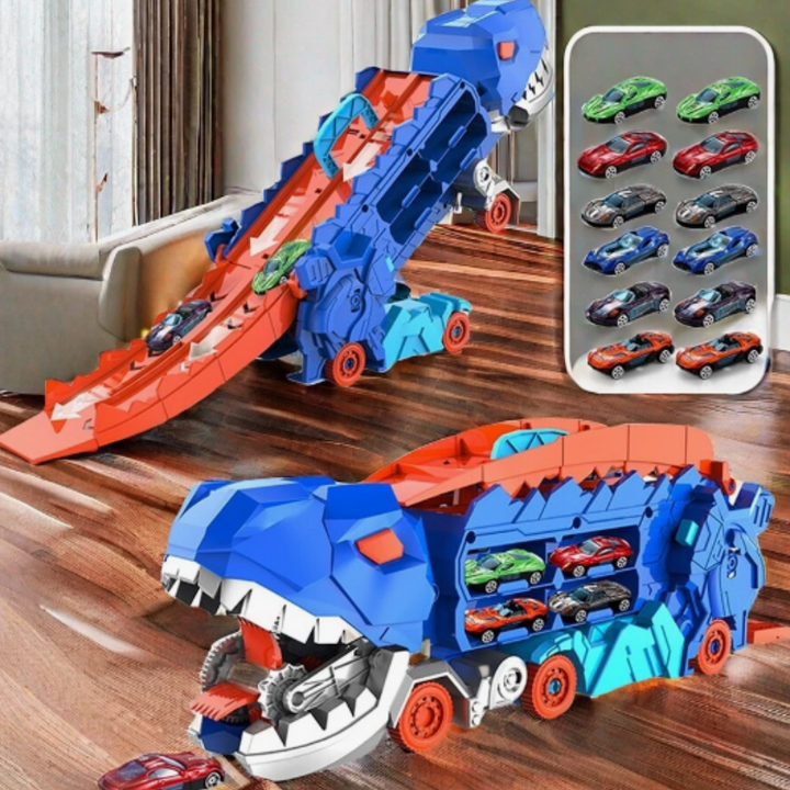 Children's race truck car transporter toy, carrying small toy cars and dinosaurs for imaginative play.