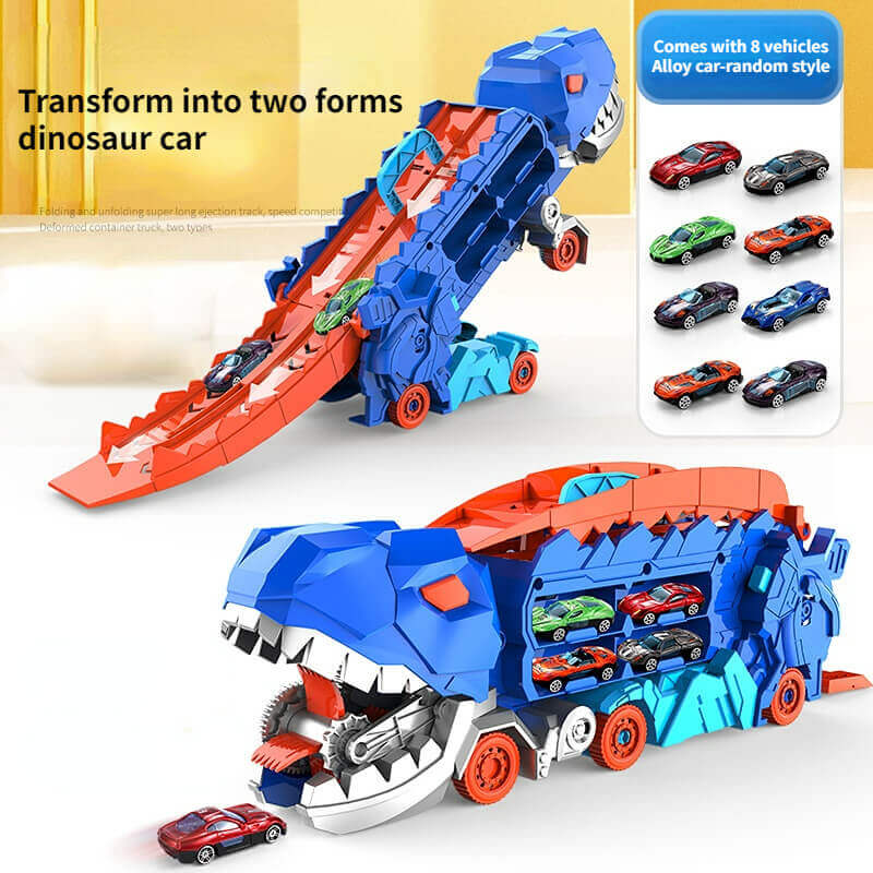 Interactive kids' 3-in-1 dinosaur truck toy; car launcher, dino transporter, and race track fun.