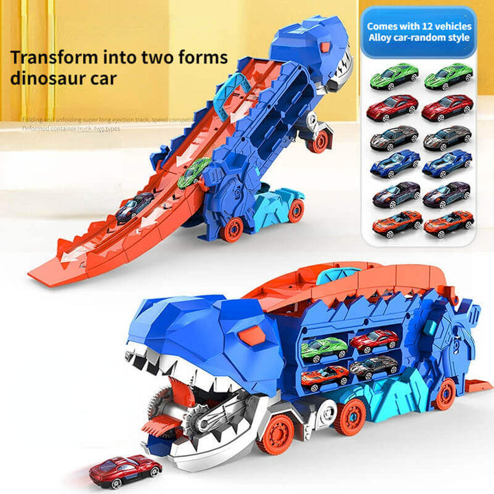 Durable 3-in-1 kids' dino race truck toy with vibrant colors; includes toy cars and dinos for hours of play.
