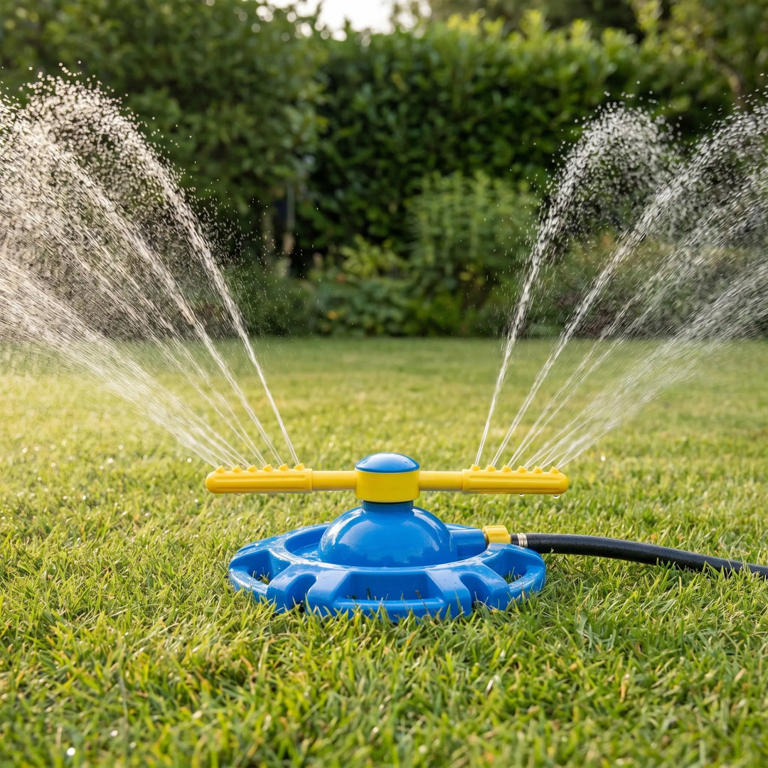 Kids' 360-degree rotating outdoor water sprinkler, perfect for summer backyard fun & water play.