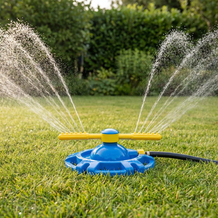 Kids' 360-degree rotating outdoor water sprinkler, perfect for summer backyard fun & water play.
