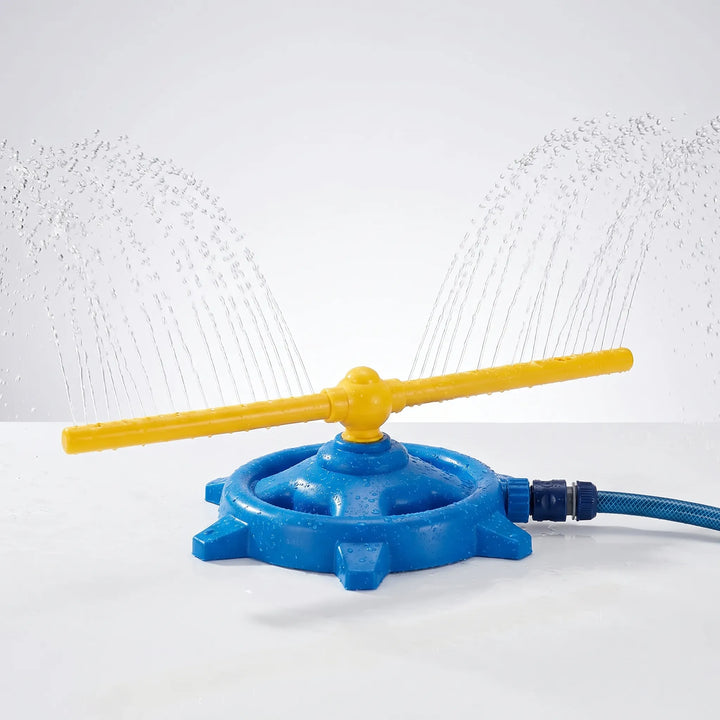 Children enjoying a vibrant 360-degree rotating water sprinkler, a fun outdoor toy for summer play.