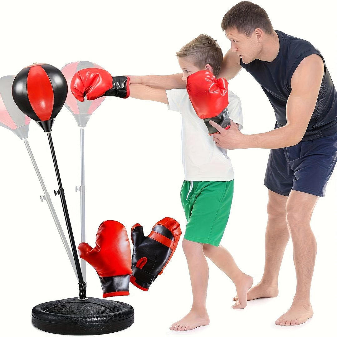 Kids' adjustable boxing punching bag set with gloves & stand for active play and youth fitness.