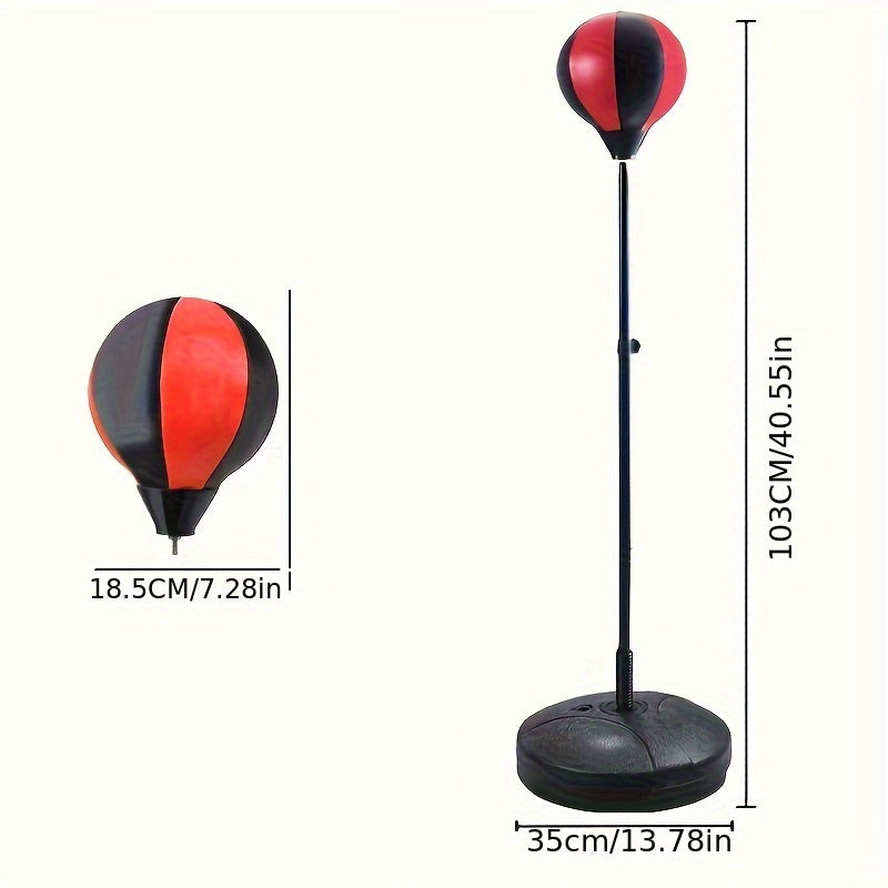 Adjustable height kids' punching bag for developing coordination and motor skills in young athletes.