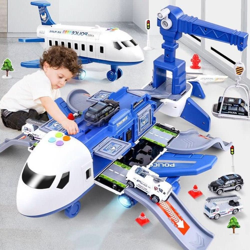 Kids' airplane and vehicle playset featuring a large toy airplane, mini cars, and airport accessories for imaginative play.