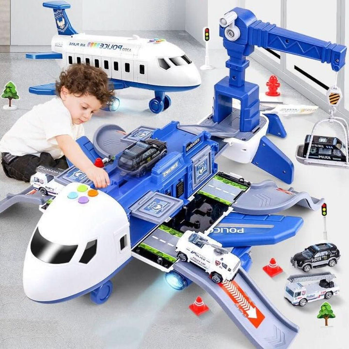 Kids' airplane and vehicle playset featuring a large toy airplane, mini cars, and airport accessories for imaginative play.