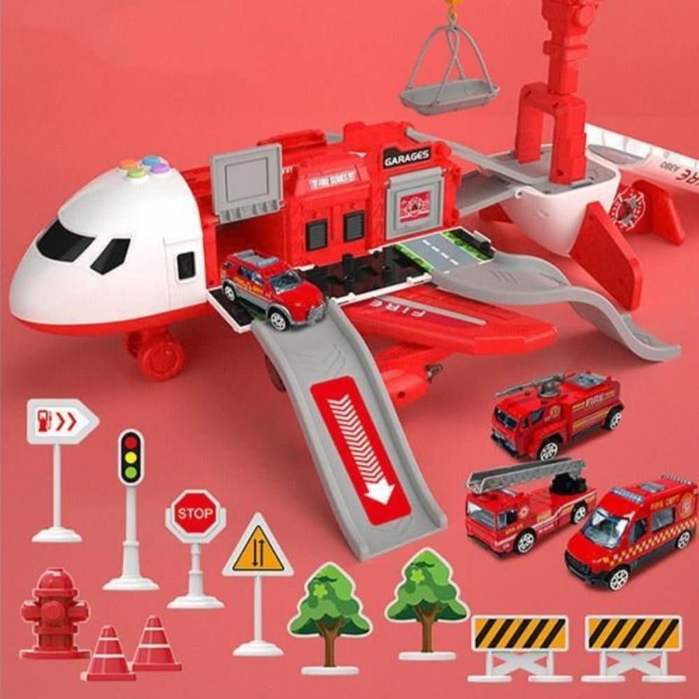 Colorful children's adventure toy set with a jumbo airplane, various vehicles, and figures for creative role-playing.