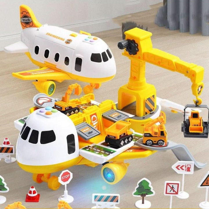 Toddler's airplane playset with a control tower, runway mat, and diverse vehicles, sparking adventure and fun.